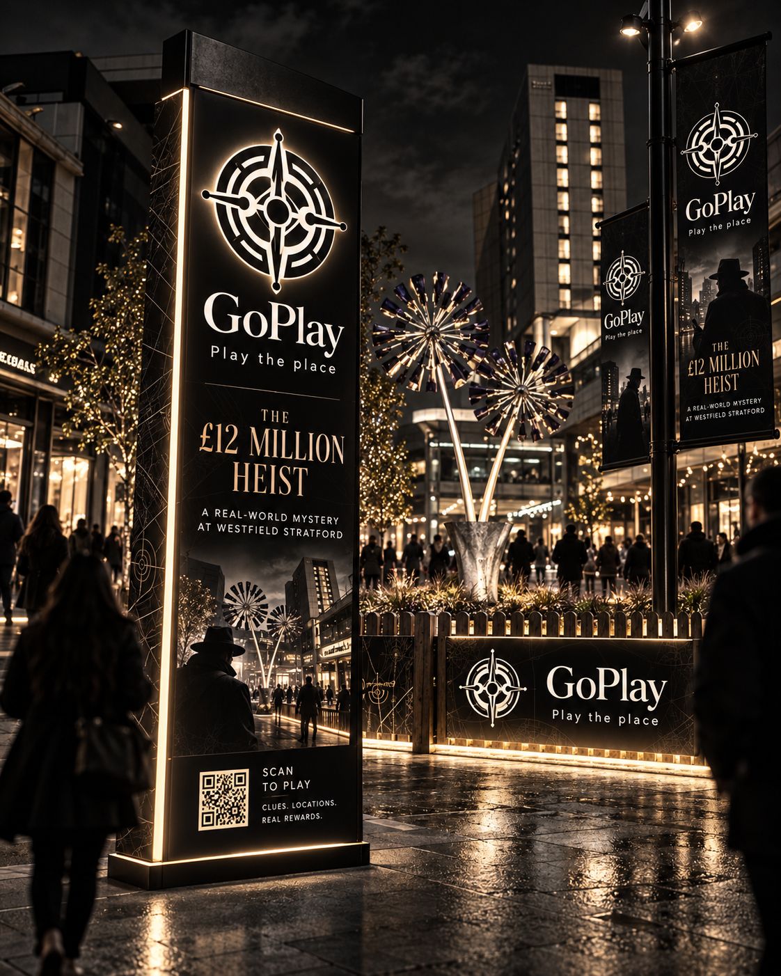 The £12 Million Heist signage glowing at night in Stratford